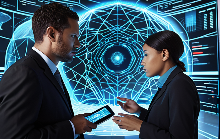 **
"Data mining concept. A group of diverse business professionals huddled around a holographic projection of complex data patterns, charts, and interconnected nodes. Emphasize the feeling of discovery and uncovering hidden insights. Modern office environment with a touch of futuristic technology."
**